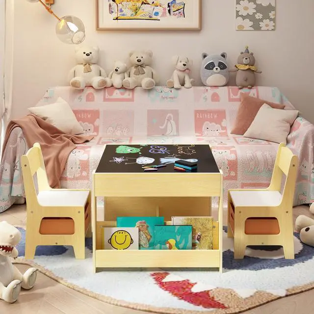 Alt view image 5 of 6 - 4-in-1 Kids Table and Chair Set with Removable Tabletop Storage, Toddler Craft Table and Chairs for Drawing Playing Studying Eating in Playroom Kids Room Living Room, Natural