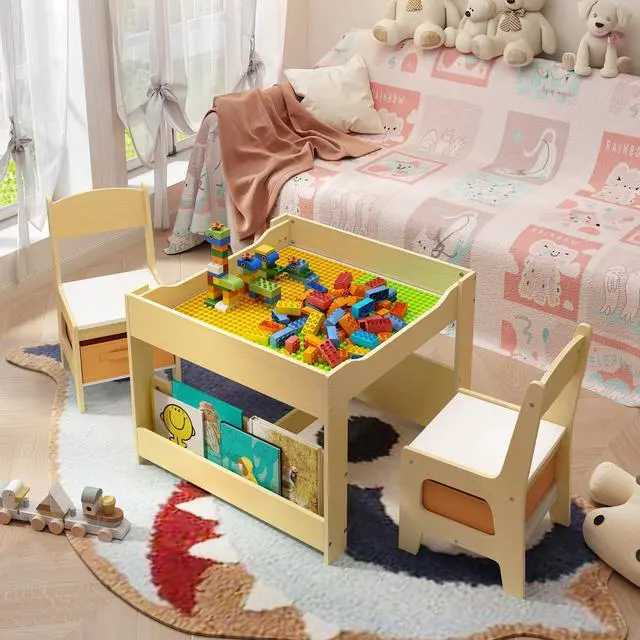Alt view image 6 of 6 - 4-in-1 Kids Table and Chair Set with Removable Tabletop Storage, Toddler Craft Table and Chairs for Drawing Playing Studying Eating in Playroom Kids Room Living Room, Natural