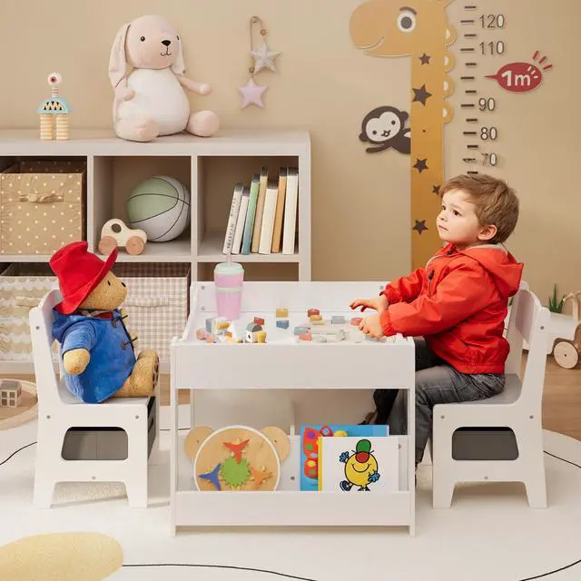 Main image of 4-in-1 Kids Table and Chair Set with Removable Tabletop Storage, Toddler Craft Table and Chairs for Drawing Playing Studying Eating in Playroom Kids Room Living Room, White