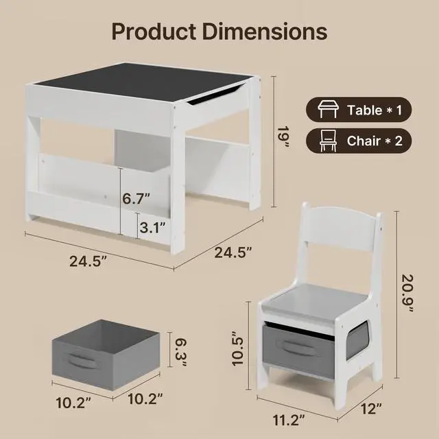 Alt view image 2 of 6 - 4-in-1 Kids Table and Chair Set with Removable Tabletop Storage, Toddler Craft Table and Chairs for Drawing Playing Studying Eating in Playroom Kids Room Living Room, White