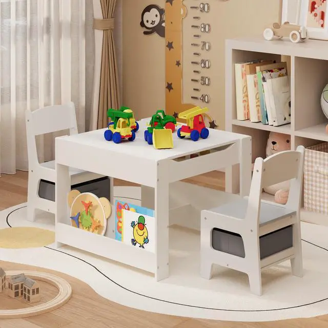 Alt view image 3 of 6 - 4-in-1 Kids Table and Chair Set with Removable Tabletop Storage, Toddler Craft Table and Chairs for Drawing Playing Studying Eating in Playroom Kids Room Living Room, White