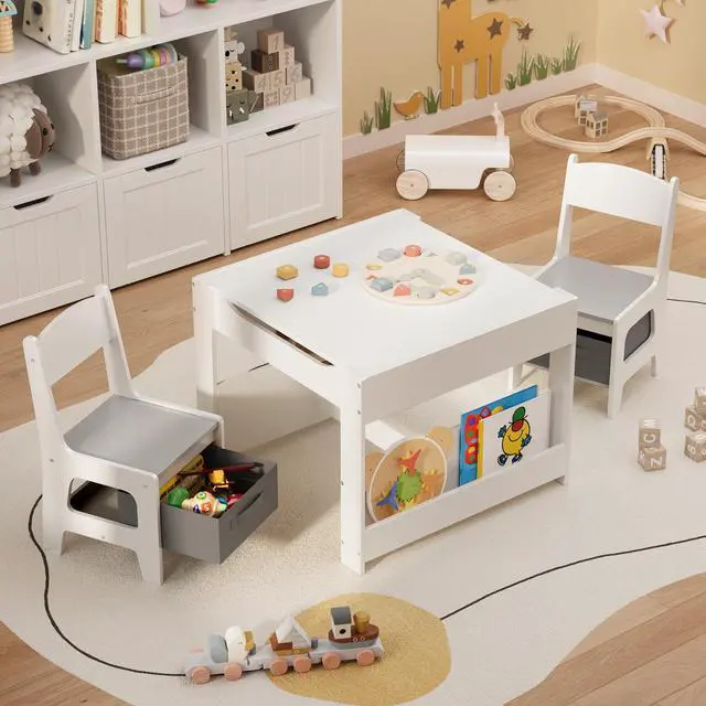 Alt view image 4 of 6 - 4-in-1 Kids Table and Chair Set with Removable Tabletop Storage, Toddler Craft Table and Chairs for Drawing Playing Studying Eating in Playroom Kids Room Living Room, White