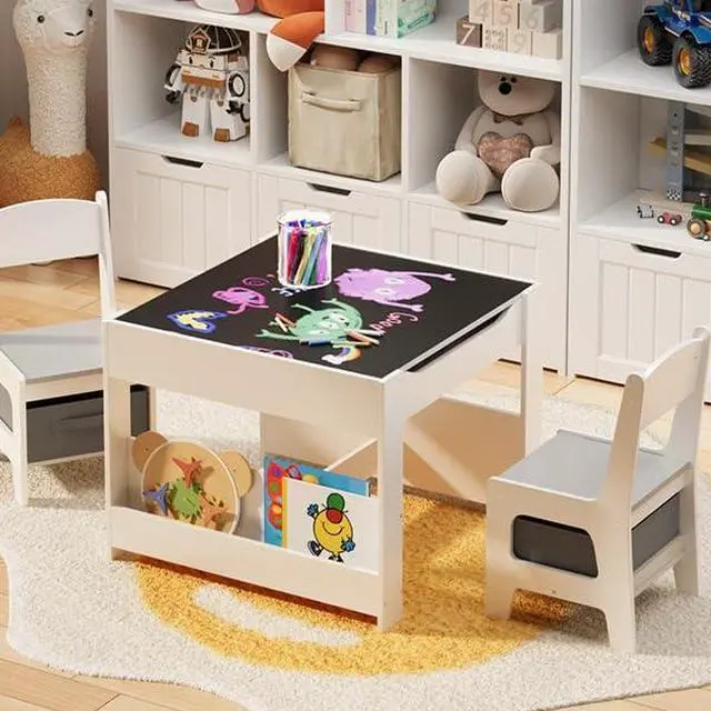 Alt view image 5 of 6 - 4-in-1 Kids Table and Chair Set with Removable Tabletop Storage, Toddler Craft Table and Chairs for Drawing Playing Studying Eating in Playroom Kids Room Living Room, White