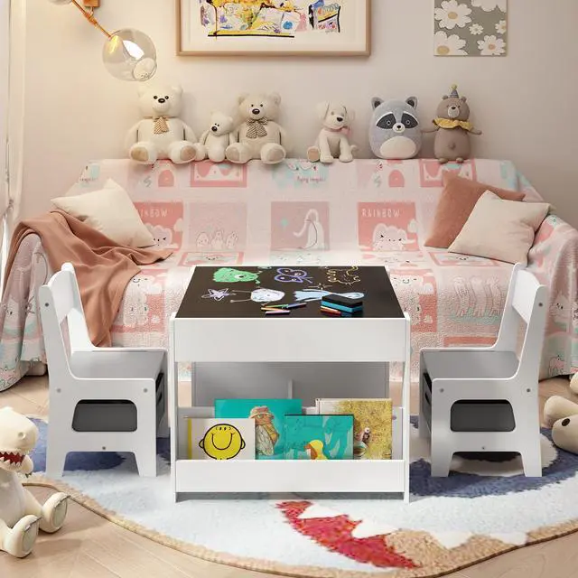 Alt view image 6 of 6 - 4-in-1 Kids Table and Chair Set with Removable Tabletop Storage, Toddler Craft Table and Chairs for Drawing Playing Studying Eating in Playroom Kids Room Living Room, White
