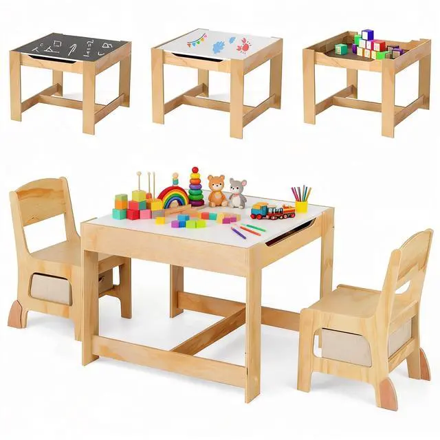 Main image of Kids Table and Chairs, 3 in 1 Wooden Activity Toddler Desk w/Blackboard & Storage Drawers for Art & Craft, Snack Time, Homework, Toddler Table and Chair Set for Nursery,Home,Playroom (Beige)