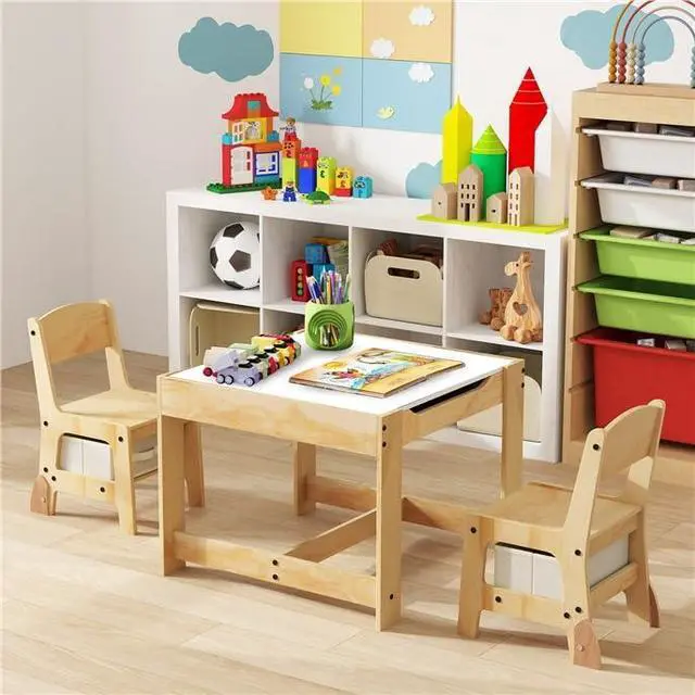 Alt view image 2 of 6 - Kids Table and Chairs, 3 in 1 Wooden Activity Toddler Desk w/Blackboard & Storage Drawers for Art & Craft, Snack Time, Homework, Toddler Table and Chair Set for Nursery,Home,Playroom (Beige)