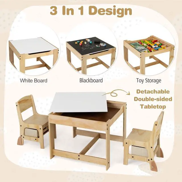 Alt view image 3 of 6 - Kids Table and Chairs, 3 in 1 Wooden Activity Toddler Desk w/Blackboard & Storage Drawers for Art & Craft, Snack Time, Homework, Toddler Table and Chair Set for Nursery,Home,Playroom (Beige)