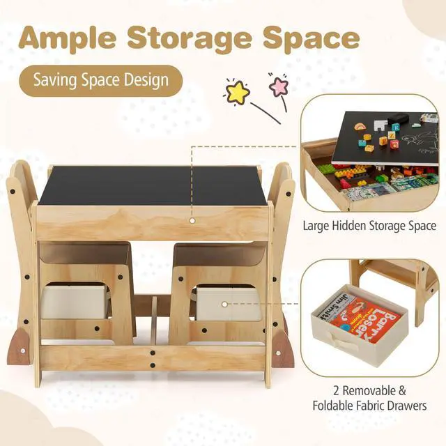 Alt view image 4 of 6 - Kids Table and Chairs, 3 in 1 Wooden Activity Toddler Desk w/Blackboard & Storage Drawers for Art & Craft, Snack Time, Homework, Toddler Table and Chair Set for Nursery,Home,Playroom (Beige)