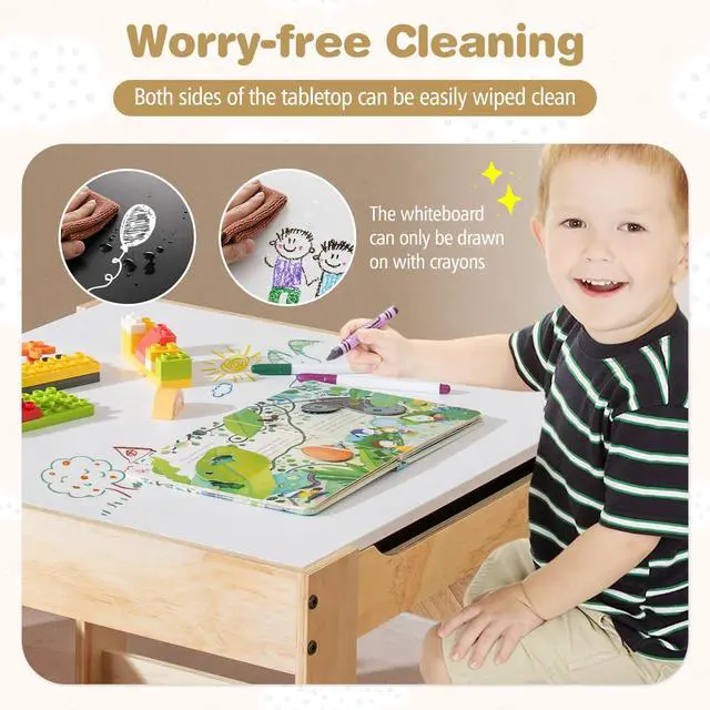 Alt view image 5 of 6 - Kids Table and Chairs, 3 in 1 Wooden Activity Toddler Desk w/Blackboard & Storage Drawers for Art & Craft, Snack Time, Homework, Toddler Table and Chair Set for Nursery,Home,Playroom (Beige)