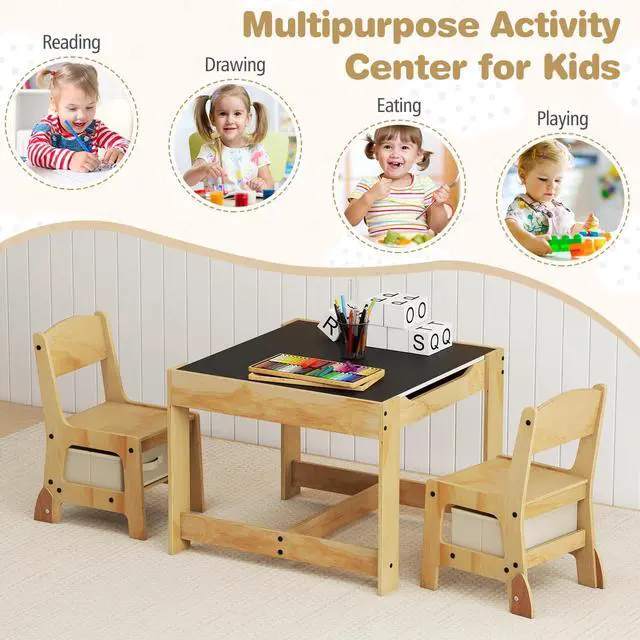 Alt view image 6 of 6 - Kids Table and Chairs, 3 in 1 Wooden Activity Toddler Desk w/Blackboard & Storage Drawers for Art & Craft, Snack Time, Homework, Toddler Table and Chair Set for Nursery,Home,Playroom (Beige)