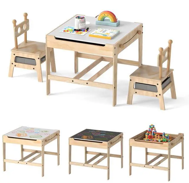 Main image of Kids Table and Chairs, 3 in 1 Wooden Activity Toddler Desk w/Reversible Whiteboard & Chalkboard, Hidden Space and Drawers for Arts, Crafts, Play, Toddler Table and Chair Set (Gray,Giraffe)