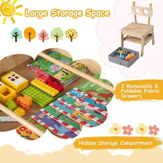 Alt view image 2 of 6 - Kids Table and Chairs, 3 in 1 Wooden Activity Toddler Desk w/Reversible Whiteboard & Chalkboard, Hidden Space and Drawers for Arts, Crafts, Play, Toddler Table and Chair Set (Gray,Giraffe)