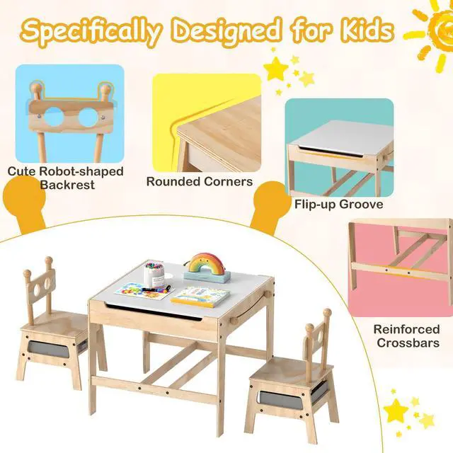 Alt view image 3 of 6 - Kids Table and Chairs, 3 in 1 Wooden Activity Toddler Desk w/Reversible Whiteboard & Chalkboard, Hidden Space and Drawers for Arts, Crafts, Play, Toddler Table and Chair Set (Gray,Giraffe)