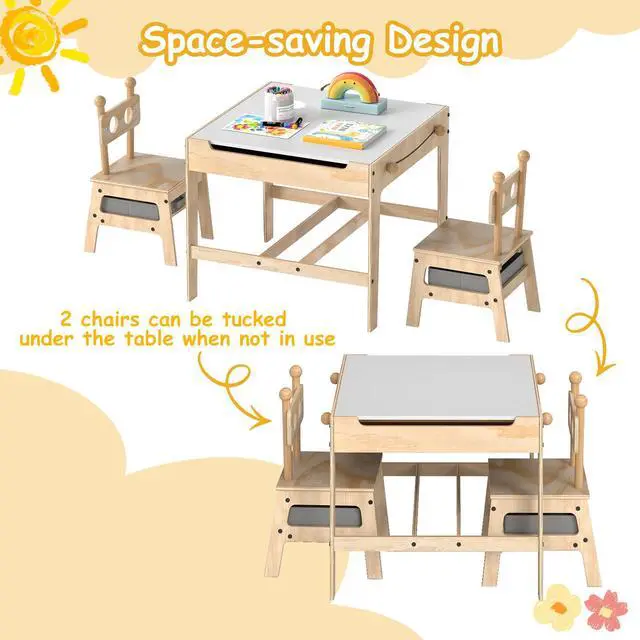 Alt view image 5 of 6 - Kids Table and Chairs, 3 in 1 Wooden Activity Toddler Desk w/Reversible Whiteboard & Chalkboard, Hidden Space and Drawers for Arts, Crafts, Play, Toddler Table and Chair Set (Gray,Giraffe)