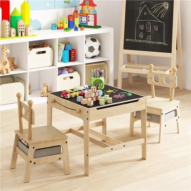 Alt view image 6 of 6 - Kids Table and Chairs, 3 in 1 Wooden Activity Toddler Desk w/Reversible Whiteboard & Chalkboard, Hidden Space and Drawers for Arts, Crafts, Play, Toddler Table and Chair Set (Gray,Giraffe)