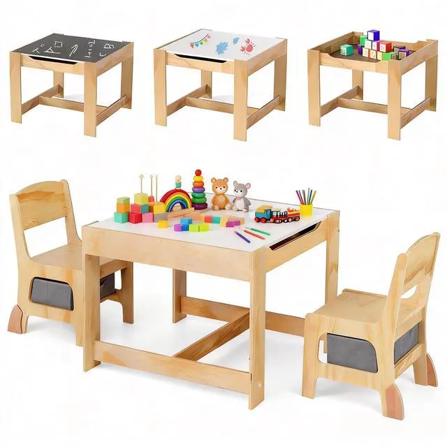 Main image of Kids Table and Chairs, 3 in 1 Wooden Activity Toddler Desk w/Blackboard & Storage Drawers for Art & Craft, Snack Time, Homework, Toddler Table and Chair Set for Nursery, Home, Playroom (Gray)