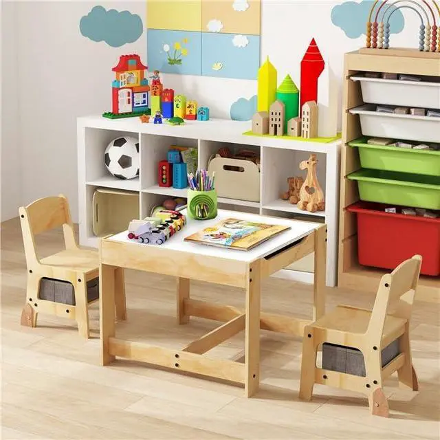 Alt view image 2 of 6 - Kids Table and Chairs, 3 in 1 Wooden Activity Toddler Desk w/Blackboard & Storage Drawers for Art & Craft, Snack Time, Homework, Toddler Table and Chair Set for Nursery, Home, Playroom (Gray)