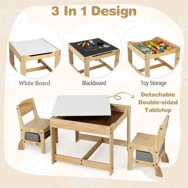 Alt view image 3 of 6 - Kids Table and Chairs, 3 in 1 Wooden Activity Toddler Desk w/Blackboard & Storage Drawers for Art & Craft, Snack Time, Homework, Toddler Table and Chair Set for Nursery, Home, Playroom (Gray)