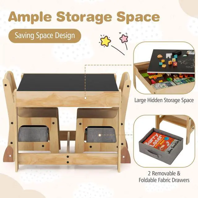 Alt view image 4 of 6 - Kids Table and Chairs, 3 in 1 Wooden Activity Toddler Desk w/Blackboard & Storage Drawers for Art & Craft, Snack Time, Homework, Toddler Table and Chair Set for Nursery, Home, Playroom (Gray)