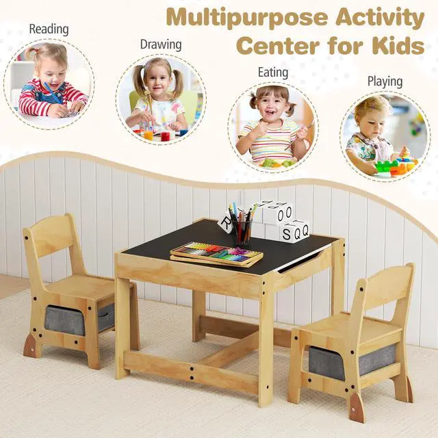 Alt view image 6 of 6 - Kids Table and Chairs, 3 in 1 Wooden Activity Toddler Desk w/Blackboard & Storage Drawers for Art & Craft, Snack Time, Homework, Toddler Table and Chair Set for Nursery, Home, Playroom (Gray)