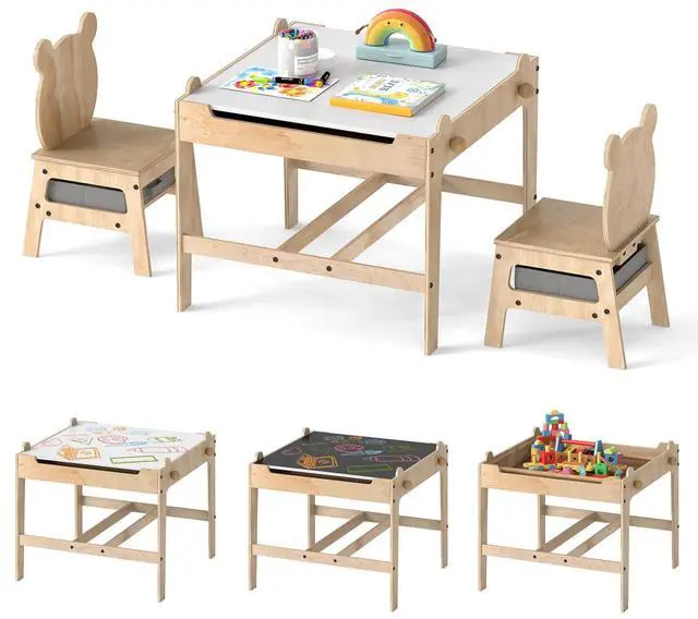 Main image of Kids Table and Chairs, 3 in 1 Wooden Activity Toddler Desk w/Reversible Whiteboard & Chalkboard, Hidden Space and Drawers for Arts, Crafts, Play, Toddler Table and Chair Set (Gray, Panda)