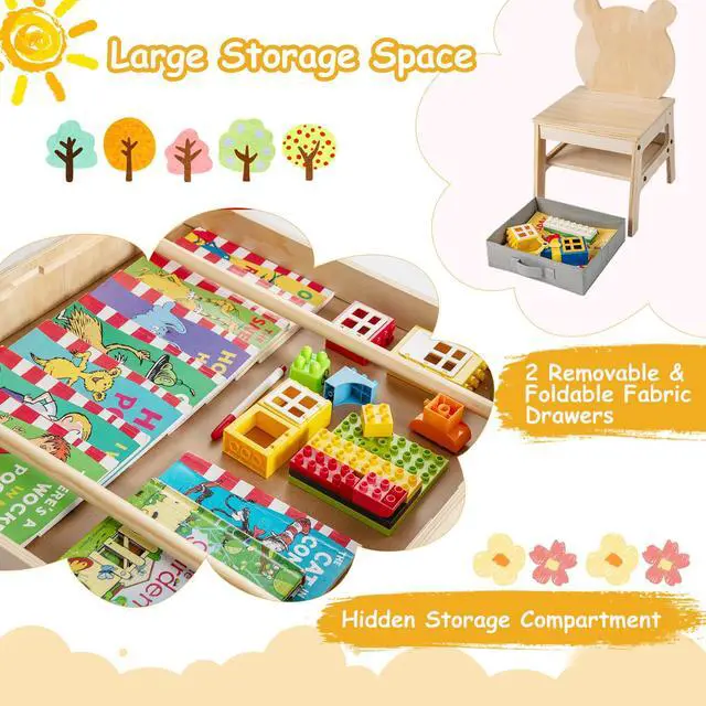 Alt view image 2 of 6 - Kids Table and Chairs, 3 in 1 Wooden Activity Toddler Desk w/Reversible Whiteboard & Chalkboard, Hidden Space and Drawers for Arts, Crafts, Play, Toddler Table and Chair Set (Gray, Panda)