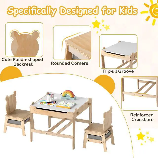 Alt view image 3 of 6 - Kids Table and Chairs, 3 in 1 Wooden Activity Toddler Desk w/Reversible Whiteboard & Chalkboard, Hidden Space and Drawers for Arts, Crafts, Play, Toddler Table and Chair Set (Gray, Panda)