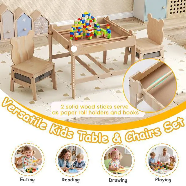 Alt view image 5 of 6 - Kids Table and Chairs, 3 in 1 Wooden Activity Toddler Desk w/Reversible Whiteboard & Chalkboard, Hidden Space and Drawers for Arts, Crafts, Play, Toddler Table and Chair Set (Gray, Panda)