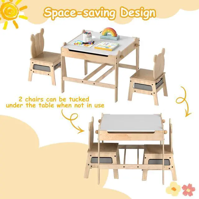 Alt view image 6 of 6 - Kids Table and Chairs, 3 in 1 Wooden Activity Toddler Desk w/Reversible Whiteboard & Chalkboard, Hidden Space and Drawers for Arts, Crafts, Play, Toddler Table and Chair Set (Gray, Panda)
