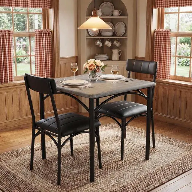 Alt view image 2 of 6 - Dining Table Set for 2, Kitchen Table and Chairs for 2 with Upholstered Chairs, 3 Piece Dining Room Table Set, Square Kitchen Table Set for Small Space, Apartment, Studio, Rustic Gray