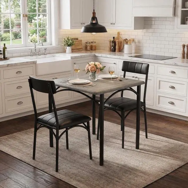 Alt view image 3 of 6 - Dining Table Set for 2, Kitchen Table and Chairs for 2 with Upholstered Chairs, 3 Piece Dining Room Table Set, Square Kitchen Table Set for Small Space, Apartment, Studio, Rustic Gray