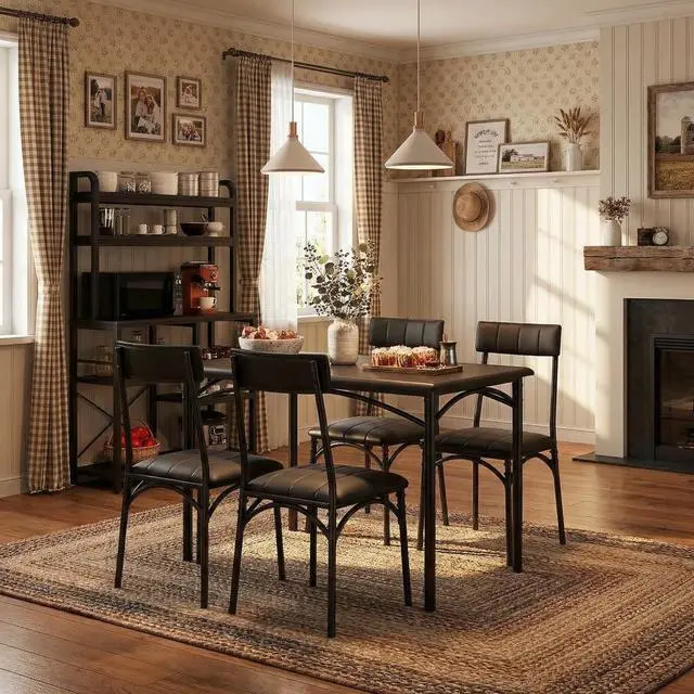 Main image of Dining Table Set for 4, 5 Piece Kitchen Table and Chairs for 4 with Upholstered Chairs, Rectangular Dining Room Table Set, Kitchen Table Set for Small Space, Apartment, Studio, Rustic Black
