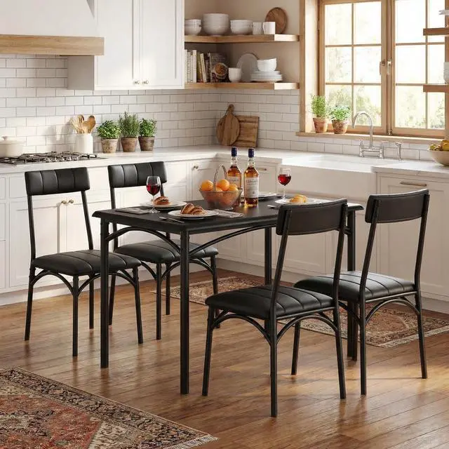 Alt view image 2 of 6 - Dining Table Set for 4, 5 Piece Kitchen Table and Chairs for 4 with Upholstered Chairs, Rectangular Dining Room Table Set, Kitchen Table Set for Small Space, Apartment, Studio, Rustic Black