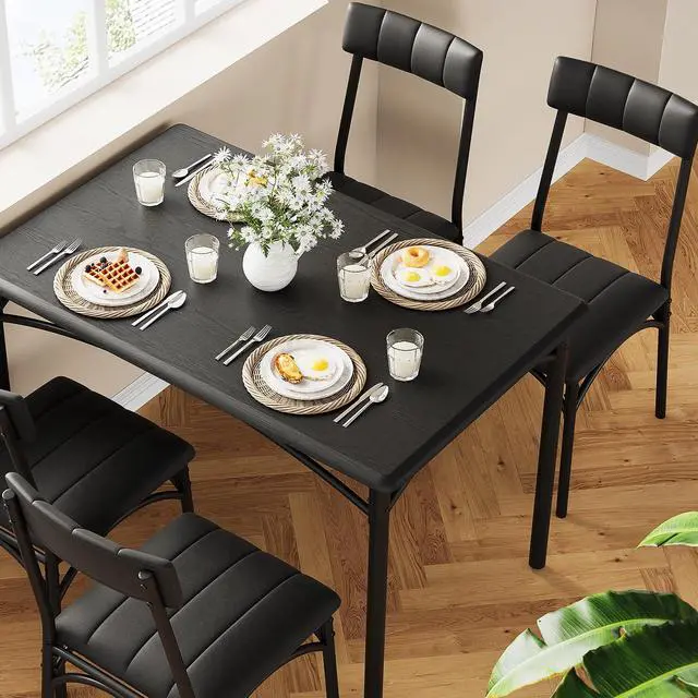 Alt view image 3 of 6 - Dining Table Set for 4, 5 Piece Kitchen Table and Chairs for 4 with Upholstered Chairs, Rectangular Dining Room Table Set, Kitchen Table Set for Small Space, Apartment, Studio, Rustic Black
