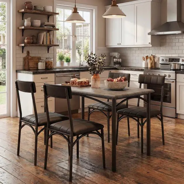 Alt view image 2 of 6 - Dining Table Set for 4, 5 Piece Kitchen Table and Chairs for 4 with Upholstered Chairs, Rectangular Dining Room Table Set, Kitchen Table Set for Small Space, Apartment, Studio, Rustic Gray