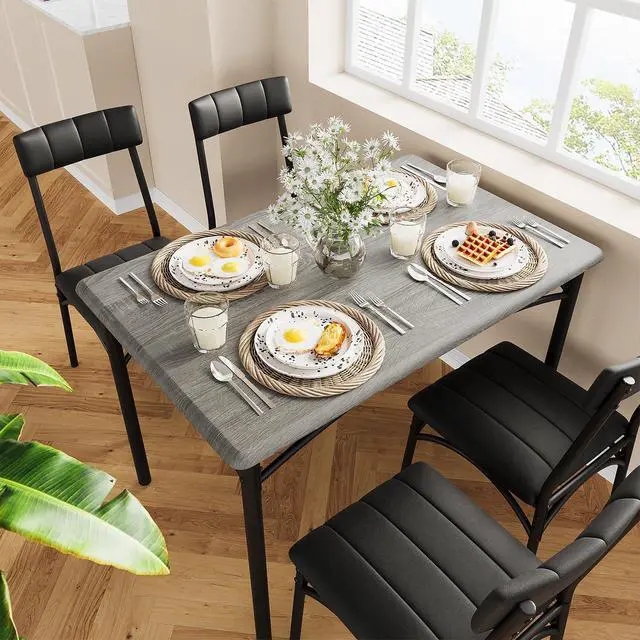 Alt view image 3 of 6 - Dining Table Set for 4, 5 Piece Kitchen Table and Chairs for 4 with Upholstered Chairs, Rectangular Dining Room Table Set, Kitchen Table Set for Small Space, Apartment, Studio, Rustic Gray