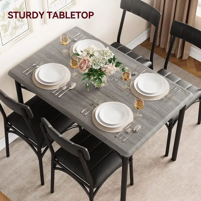 Alt view image 4 of 6 - Dining Table Set for 4, 5 Piece Kitchen Table and Chairs for 4 with Upholstered Chairs, Rectangular Dining Room Table Set, Kitchen Table Set for Small Space, Apartment, Studio, Rustic Gray