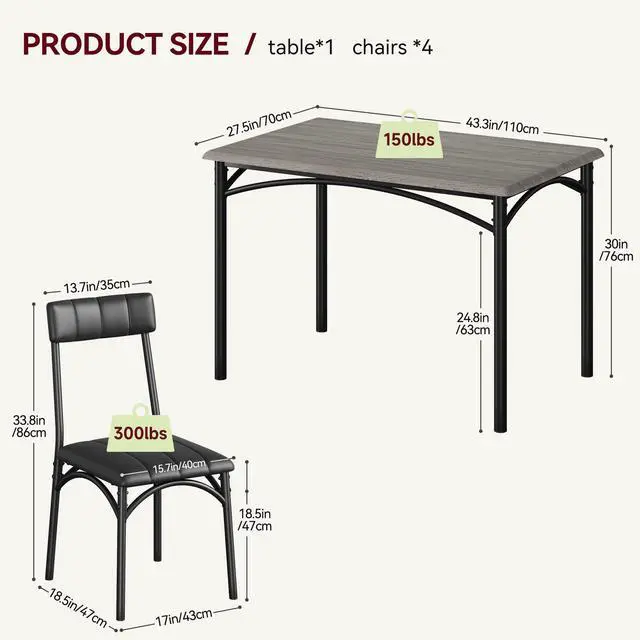 Alt view image 6 of 6 - Dining Table Set for 4, 5 Piece Kitchen Table and Chairs for 4 with Upholstered Chairs, Rectangular Dining Room Table Set, Kitchen Table Set for Small Space, Apartment, Studio, Rustic Gray