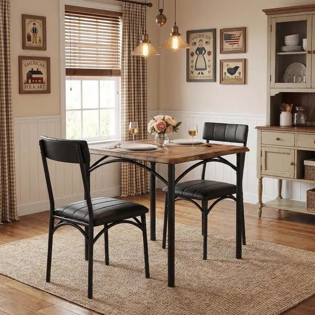 Alt view image 3 of 6 - Dining Table Set for 2, Kitchen Table and Chairs for 2 with Upholstered Chairs, 3 Piece Dining Room Table Set, Square Kitchen Table Set for Small Space, Apartment, Studio, Rustic Brown