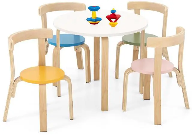 Main image of Kids Table and Chair Set, Bentwood Toddler Round Table and 4 Chairs for Craft Art, Building Block, 5-Piece Children Furniture Set for Daycare, Kindergarten, Playroom (Colorful)