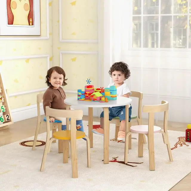 Alt view image 2 of 6 - Kids Table and Chair Set, Bentwood Toddler Round Table and 4 Chairs for Craft Art, Building Block, 5-Piece Children Furniture Set for Daycare, Kindergarten, Playroom (Colorful)