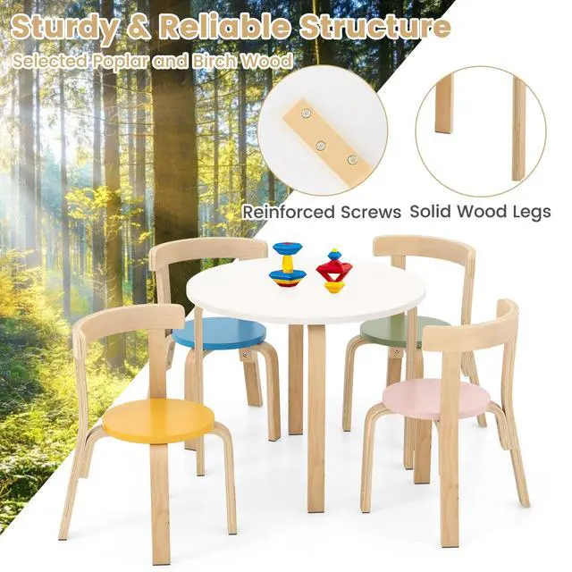 Alt view image 3 of 6 - Kids Table and Chair Set, Bentwood Toddler Round Table and 4 Chairs for Craft Art, Building Block, 5-Piece Children Furniture Set for Daycare, Kindergarten, Playroom (Colorful)