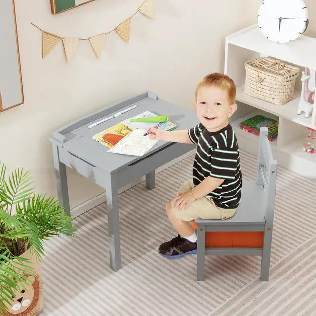 Alt view image 2 of 6 - Kids Table and Chair Set, Flip Top Toddler Study Desk w/Chair for Playroom & Nursery, Wood Activity Table Set w/Storage Space, Safety Hinge, Pull-Out Drawer & Hook for Arts, Crafts (Grey)