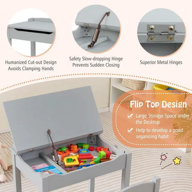 Alt view image 3 of 6 - Kids Table and Chair Set, Flip Top Toddler Study Desk w/Chair for Playroom & Nursery, Wood Activity Table Set w/Storage Space, Safety Hinge, Pull-Out Drawer & Hook for Arts, Crafts (Grey)