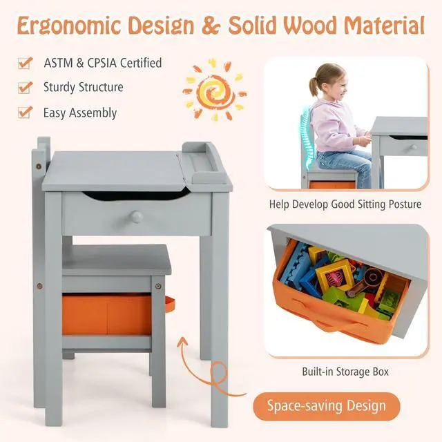Alt view image 4 of 6 - Kids Table and Chair Set, Flip Top Toddler Study Desk w/Chair for Playroom & Nursery, Wood Activity Table Set w/Storage Space, Safety Hinge, Pull-Out Drawer & Hook for Arts, Crafts (Grey)