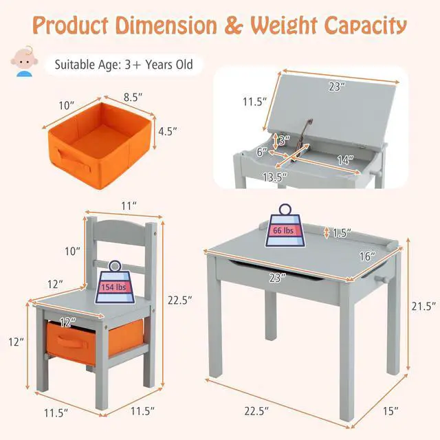 Alt view image 6 of 6 - Kids Table and Chair Set, Flip Top Toddler Study Desk w/Chair for Playroom & Nursery, Wood Activity Table Set w/Storage Space, Safety Hinge, Pull-Out Drawer & Hook for Arts, Crafts (Grey)