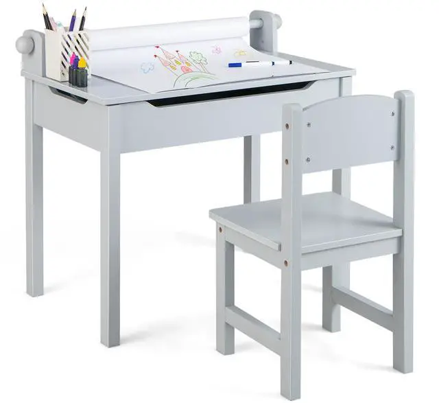 Main image of Kids Table and Chair Set, Flip Top Kids Art Craft Table w/Chair for Playroom Kindergarten, Toddler Drawing Writing Desk Set w/Paper Roll & 2 Markers, Gift for Boys Girls Ages 3+ (Gray)