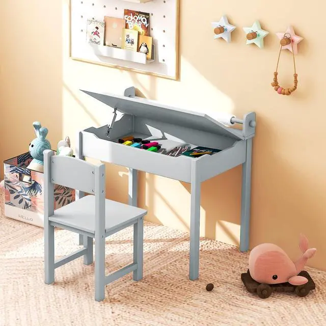 Alt view image 2 of 6 - Kids Table and Chair Set, Flip Top Kids Art Craft Table w/Chair for Playroom Kindergarten, Toddler Drawing Writing Desk Set w/Paper Roll & 2 Markers, Gift for Boys Girls Ages 3+ (Gray)