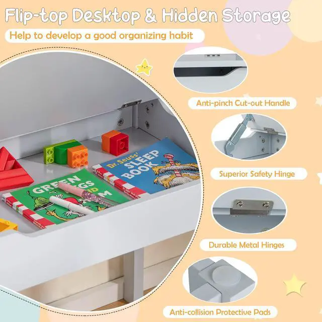 Alt view image 3 of 6 - Kids Table and Chair Set, Flip Top Kids Art Craft Table w/Chair for Playroom Kindergarten, Toddler Drawing Writing Desk Set w/Paper Roll & 2 Markers, Gift for Boys Girls Ages 3+ (Gray)