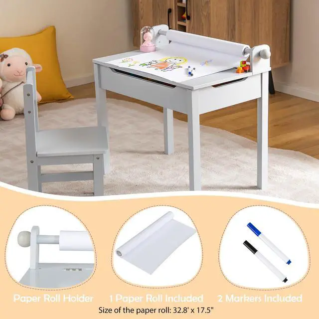 Alt view image 4 of 6 - Kids Table and Chair Set, Flip Top Kids Art Craft Table w/Chair for Playroom Kindergarten, Toddler Drawing Writing Desk Set w/Paper Roll & 2 Markers, Gift for Boys Girls Ages 3+ (Gray)